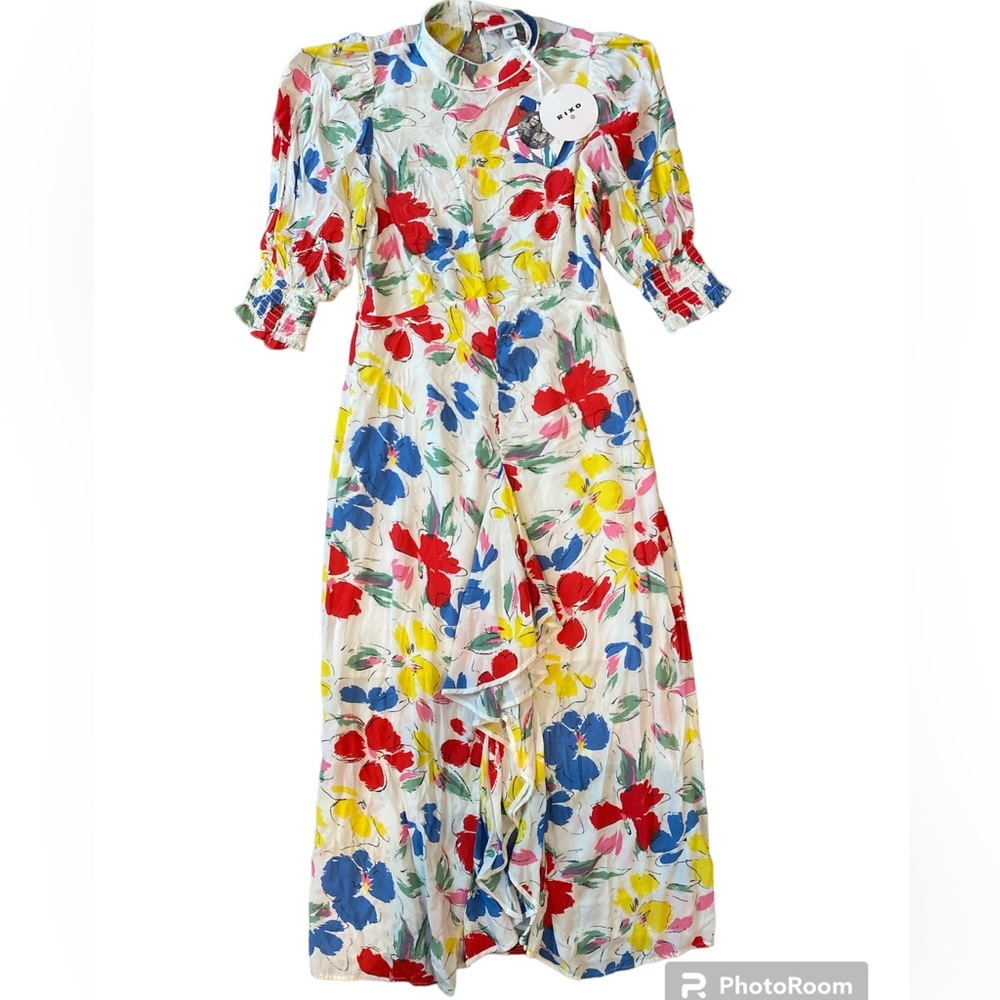 NWT Rixo x Target Floral Mock Neck Cascade Ruffle Dress Sz 8